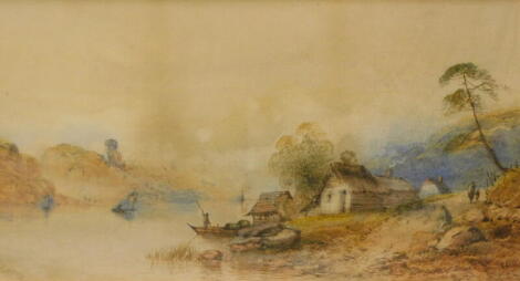 Edwin Earp (1851-1945). River landscape with figures and fishing boats, watercolour, signed, 24cm x 48cm.