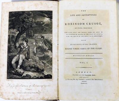 [Defoe (Daniel)] THE LIFE AND ADVETURES OF ROBINSON CRUSOE FIRST EDITION 2 vol.; uniform with; .- SERIOUS REFLECTIONS OF ROBINSON CRUSOE WITH HIS VISION OF THE ANGELIC WORLD... engraved frontispieces, foxed, contemporary patterned calf, 8vo, 1790. (3) - 2