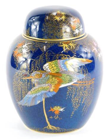 A Carltonware blue glazed ginger jar, decorated in gilt and raised enamels with willow tree, kingfisher, etc., printed marks to underside and numbered 2549, 3952, 19cm high.