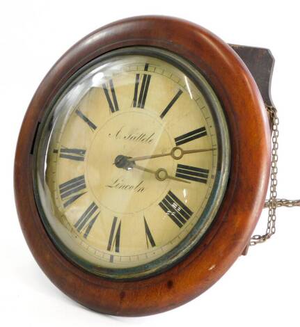 A late 19th/early 20thC postman's alarm type clock, the painted dial stamped A Sattele Lincoln (for Albert Sattele), with a brass bezel and moulded mahogany border, 30cm diameter.