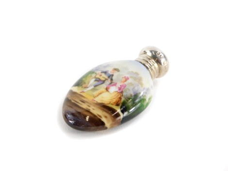 An Edward VII silver topped porcelain scent bottle, depicting a lady with fan and a gentleman playing guitar in country landscape, Birmingham 1903.