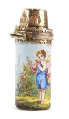 An enamel scent bottle, decorated with a child in rural landscape, the top unmarked white metal. (AF)