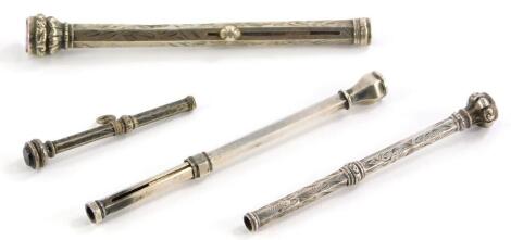 Four propelling pencils, of varying designs, one marked S.Mordan and Co. Ltd, unmarked white metal. (4)