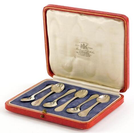 A set of six George V teaspoons, by Mackay and Chisholm, mitre topped, Edinburgh 1930, 1¾oz, boxed, 9cm wide.