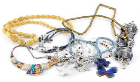 A small group of costume jewellery and effects, to include an enamel design type bracelet, a silver natural stone set layered necklace and various others. (a quantity)