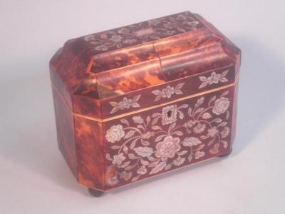 An early 19thC tortoiseshell & mother-of-pearl inlaid tea caddy