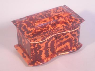 An early 19thC tortoiseshell tea caddy of rectangular form