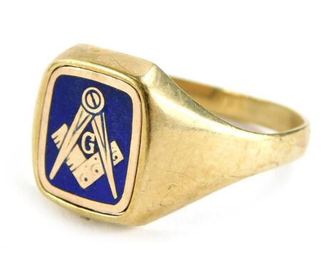 A 9ct gold Masonic ring, with blue enamel decoration of compass, etc., 4.9g all in.