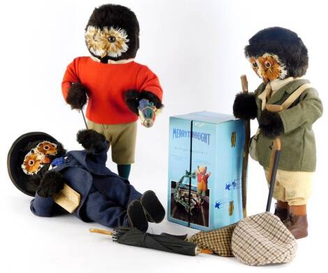 Three soft toy owls, each model wearing country clothing and doing country pursuits, to include hunting, shooting, etc., and a Merrythought Mr Whoppit limited edition toy, Mr Whoppit being the worlds fastest bear on land and water.