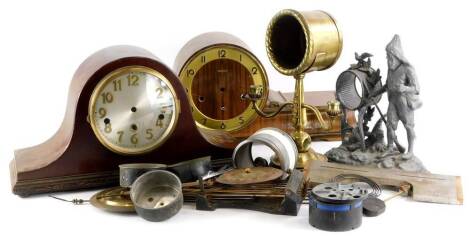 A quantity of clock cases, to include a French brass case with candle arms, spelter figure or case, etc.