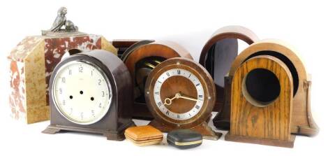 A quantity of clock cases, to include mahogany, marble with a spelter mounts, etc.