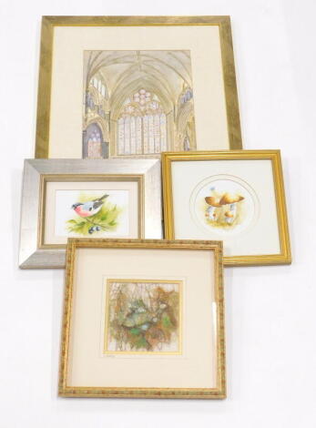 J R Watson. Stained glass window, watercolour, 35cm x 25cm, an embroidered picture by Eileen Wilding, and two other watercolours signed Rachel Dee from Nettleham. (4)