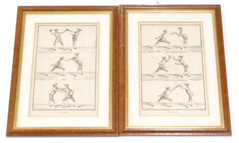 19thC French School. Escrime, fencing, engravings, 36cm x 23cm. (2)