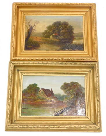 Late 19thC School. Rural scenes with cottages, oil on board, a pair, 20cm x 28cm.