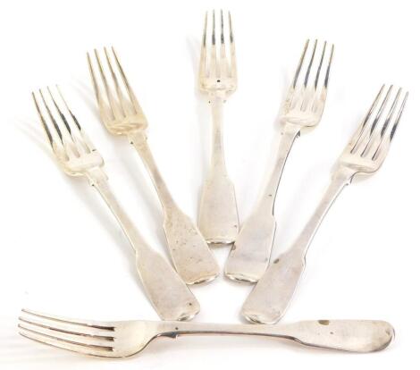 A set of six silver George IV and William IV forks, fiddle pattern, Edinburgh 1824 and 1831, 13½oz.