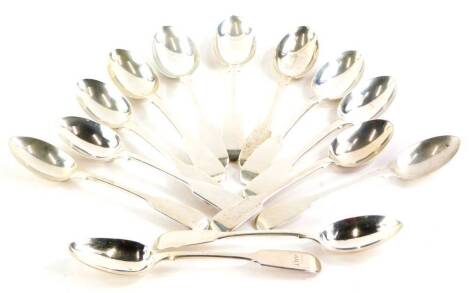 A quantity of silver Victorian teaspoons, fiddle pattern, London 1838, 1839, 1841, etc., 9oz.