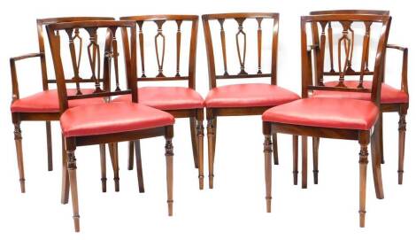 A set of six mahogany dining chairs, in 19thC style, each with a red leatherette padded seat. The upholstery in this lot does not comply with the 1988 (Fire & Fire Furnishing) Regulations, unless sold to a known exporter or upholsterer it will be cut fro