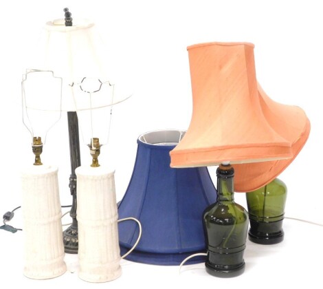 A collection of table lamps, to include a pair of pottery examples, made to simulate bamboo, etc. (5) Buyers Note: This lot contains untested or unsafe electrical items. It is supplied for scrap or re-conditioning only. Trade Only.