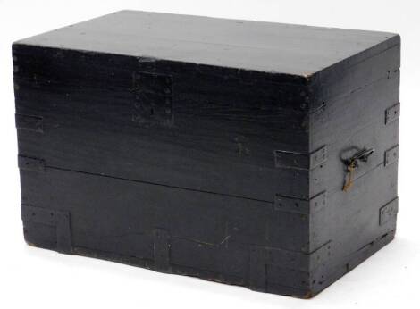 A black painted hardwood chest, with metal bindings, etc., 75cm wide.