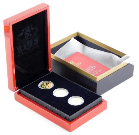 An East India Company Queen Elizabeth II 2018 Sapphire Jubilee Guinea Collection gold three coin set, each coin weighing 8.4g of 22ct gold, edition number 035 of 200, in fitted case with certificate, paperwork and box etc.