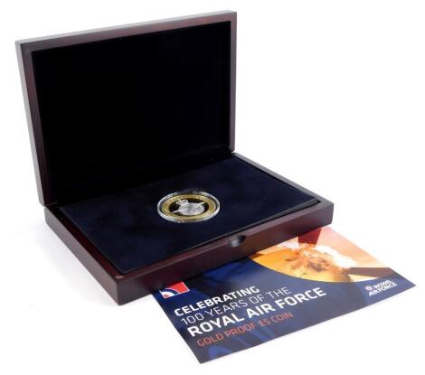 A Royal Air Force 100 year Anniversary gold proof 22ct gold coin, with selective rhodium plate, number 008 of 100, 39.94g, sold with certificate and fitted case.