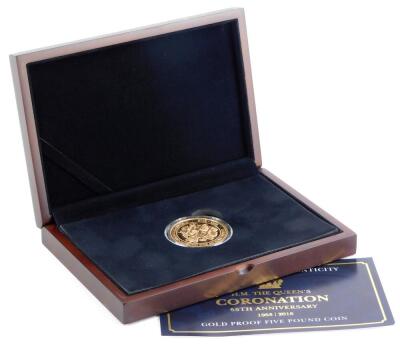 A Queen Elizabeth II Coronation 65th Anniversary (1953-2018) gold proof 22ct five pound coin, limited edition 2 of 95, 39.94g, sold with certificate and fitted case.