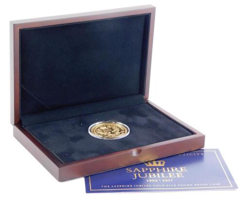 A Queen Elizabeth II Sapphire Jubilee limited edition gold five pound proof coin, number 2 of 95, 39.94g, sold with certificate and fitted case.