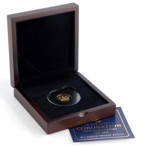 A Queen Elizabeth II Coronation 65th Anniversary, 9ct gold proof penny, number 407 of 495, 4g, sold with certificate and fitted case.