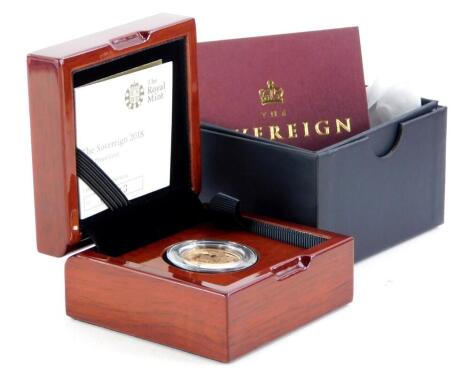 A 2018 gold proof full sovereign, with certificate of authenticity, number 6493 in fitted case etc.