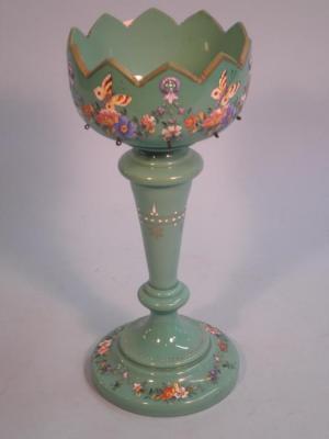A Victorian turquoise glass lustre decorated in coloured enamels