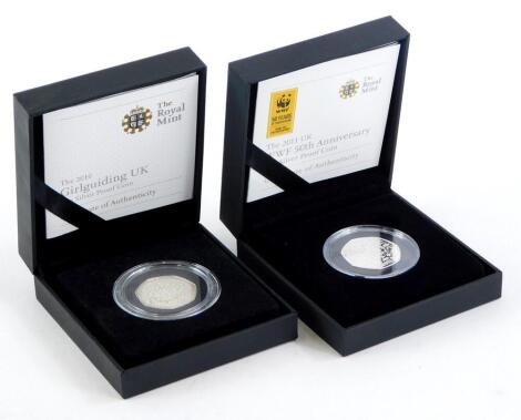 Two fifty pence silver proof commemorative coins for 2011, WWF 50th Anniversary and 2010 Girl Guiding UK.