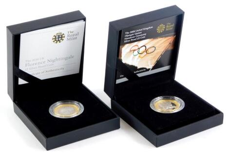 Two silver proof two pound coins, for the 2008 Olympic Games handover ceremony and 2010 Florence Nightingale.