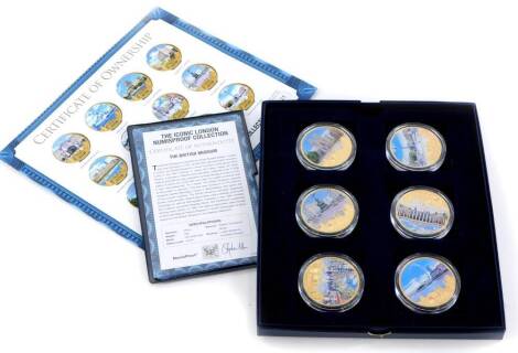 A set of six iconic London Numisproof collection coins, with 24ct gold on copper, sold with certificates.