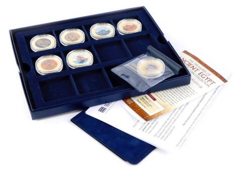 A collection of six commemorative Cook Island issue medallions, from the Treasury of Ancient Egypt collection, with certificates in fitted case, gold plated on copper.