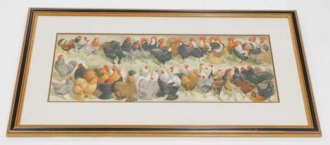 After EF Lydon. Various chickens and cockerels, coloured print, 26cm x 69cm.