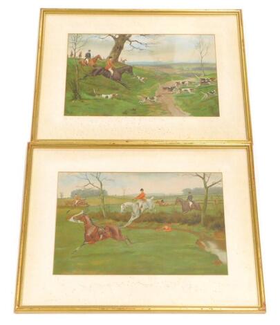 George Derville Rowlandson. Figures and horses hunting, chromolithographs, a pair, 23cm x 36cm.