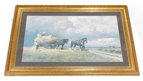 After Gerald Coulson. Harvesting scene, coloured print, 49cm x 90cm.