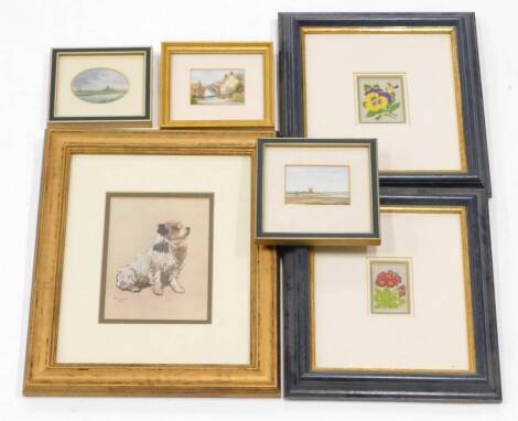 A collection of pictures, to include three miniatures signed J B Macey of Norfolk, a pair of silk cigarette cards, and a print after Aldin. (6)