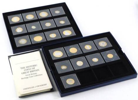 A quantity of gold plated coins from the Historic Coins of Great Britain set, with certificates.