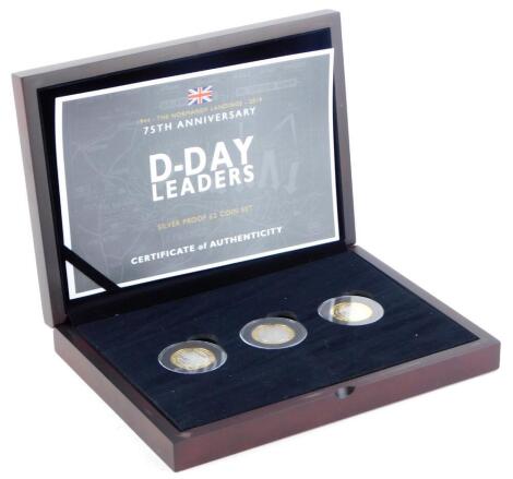 A 75th Anniversary of the D-Day Leaders, silver proof two coin set containing three coins, with certificate of authenticity and box.