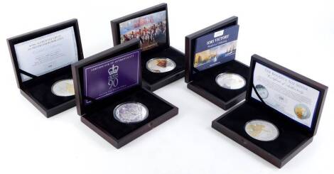 Five silver commemorative coins, for Alfred the Great, Boudica, the Battle of Waterloo, Queen Elizabeth II 90th birthday and HMS Victory, all boxed with certificate. (5)