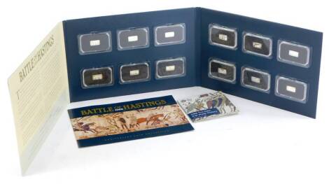 A set of twelve small rectangular silver commemorative medallions, each relating to the Battle of Hastings 1066, 999/1000 standard of silver, issued by Jersey Mint 2019, denomination of fifty pence, in original packaging.