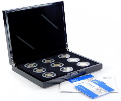 A set of nine Britannia 25th Anniversary silver portrait collection of first strikes, with paperwork in fitted box.