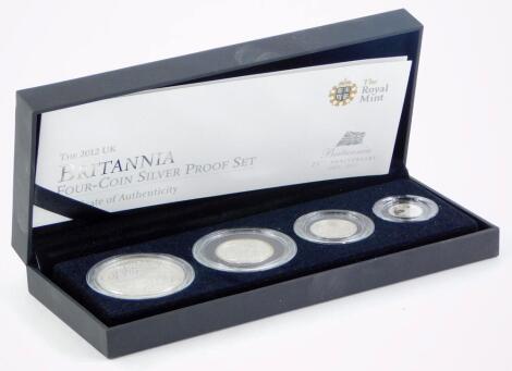 A 2012 Britannia four coin silver proof set, ranging from the largest 1oz to a ½oz, a ¼oz and an &#8539?oz, in fitted case with paperwork.