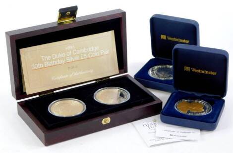 A HRH Duke of Cambridge 30th birthday silver five pound coin pair, with certificate and box, a silver two pound and a Guernsey Mint five pound. (4)