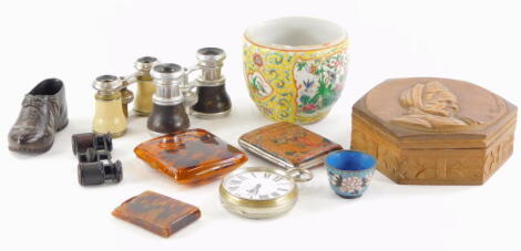 A quantity of items, to include a finely carved treen shoe or boot, a continental souvenir box, opera glasses, cigarette cases, silver plated pocket watch and Chinese jar base on yellow ground, small cloisonne cup, etc.