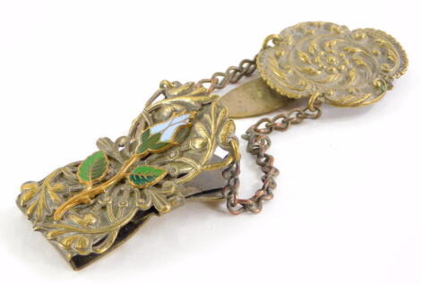 A continental plated brass chatelaine, with enamel decoration of a flower, leaves, etc., unmarked.