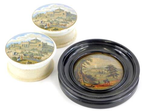 Two Prattware type pot lids, each printed with a scene of the Philadelphia Expedition 1876 (AF), and another pot lid titled Strathfieldsay (AF).