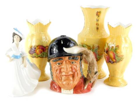 A collection of ceramics, to include Royal Doulton Character jug Gone Away, Royal Doulton figurine Margaret, and three Aynsley Orchard Gold vases (5).