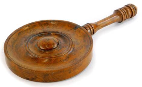 A turned burr elm hand mirror, with bevelled glass plate, 33cm long.